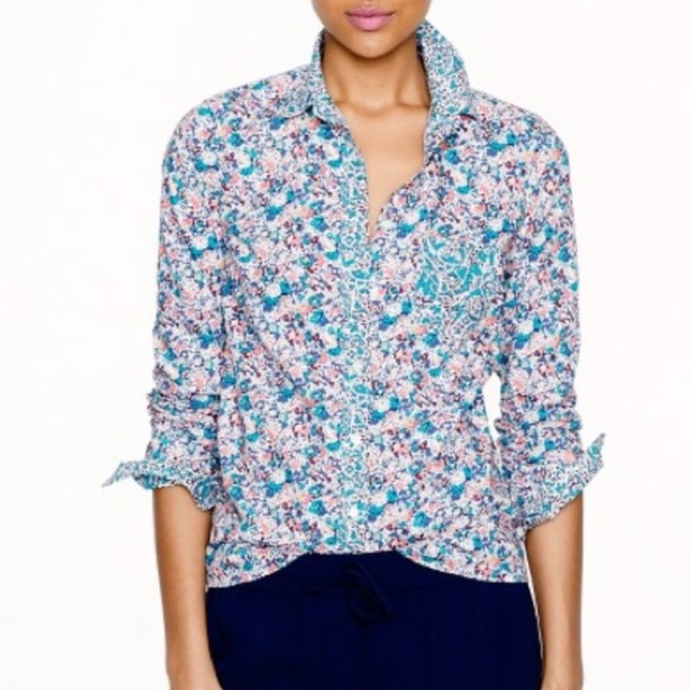 J. Crew Liberty Floral Button-Down Shirt in Teal, Pink, White